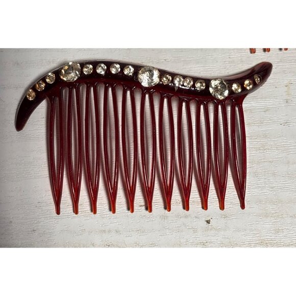 Vintage Hair Combs '40's Burgundy Swish Top Rhinestone Accents Hollywood Glam - Picture 2 of 9